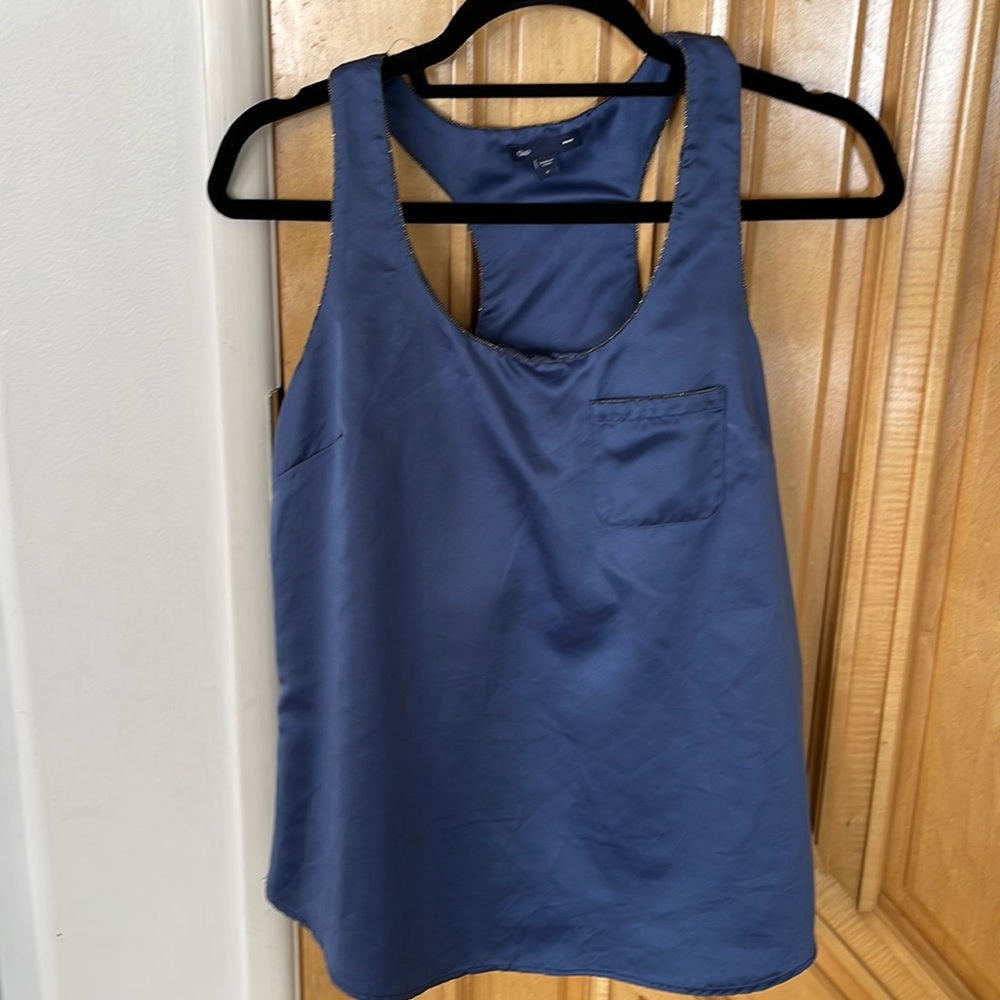 Gap racer back small blue grey periwinkle tank with pocket zipper trim beaded